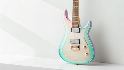 Obraz premium Electric guitar with iridescent finish leaning against a white wall