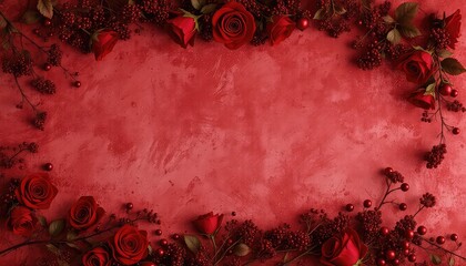 Romantic crimson backdrop featuring vibrant rose blooms and clusters of small, deep red berries arranged elegantly around the frame