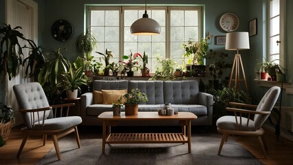 Fototapeta premium Cozy living room filled with plants and natural light from a large window