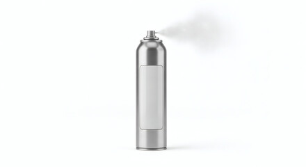 Aerosol can spraying a mist with a blank label on a white background in a studio product shot
