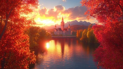 River flows to a castle at golden sunset