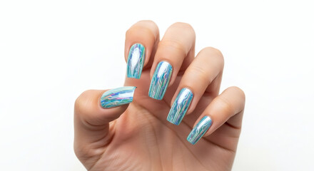 Close up of a hand with iridescent blue nails with a circuit board pattern on a white background