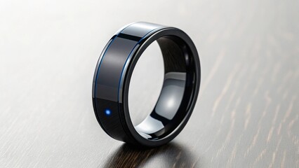 Smart ring on a wooden surface, a wearable technology device for health tracking
