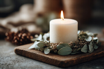 modest interior scene featuring single candle and christmas wreath elegantly placed on rustic wooden table