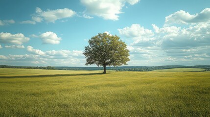 Fototapeta premium A solitary tree stands in a field of golden grass under a blue sky with scattered white clouds