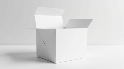 A partially opened blank white cardboard box rests on a plain white surface, showcasing its simple yet elegant design and pristine condition