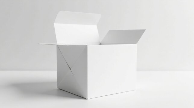 A partially opened blank white cardboard box rests on a plain white surface, showcasing its simple yet elegant design and pristine condition - Powered by Adobe