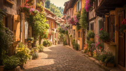 Fototapeta premium Alley European Narrow Historic Village Sun-Kissed