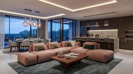 Modern open plan living room and dining area with large windows