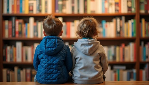 Boys sitting looking at bookshelves library image