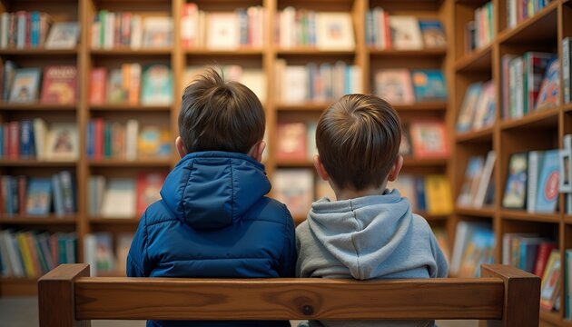 Boys viewing colorful books on wooden shelves children sitting