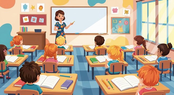 A classroom scene illustration depicts a teacher instructing students at their desks in a bright, cheerful setting perfect for educational content and marketing materials.