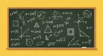Math chalkboard with various formulas, graphs, geometry shapes, and calculations for educational or business concepts.