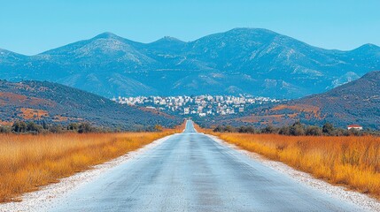 Road to distant mountains, village view