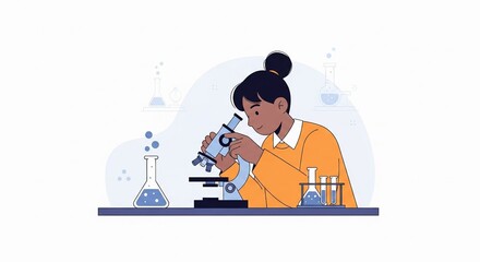 Young scientist girl looking through microscope in laboratory with beakers and test tubes, illustration style