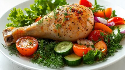 Roasted chicken drumstick with vegetables on a plate