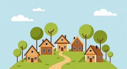 Naklejka premium Charming wooden houses nestled on a green hill with trees under a bright blue sky with fluffy clouds.