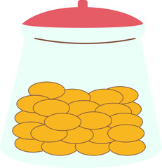 Illustration of a clear glass jar filled with golden coins and sealed with a red lid.