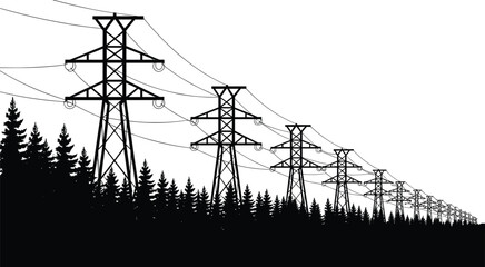 Line of high voltage electricity transmission towers with multiple power cables above forest landscape, electrical grid infrastructure, energy distribution network