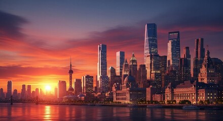 Fototapeta premium Stunning sunset over a modern cityscape with towering skyscrapers and a reflective river.