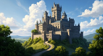 Majestic medieval castle perched atop a lush green hill under a bright blue sky with fluffy white clouds