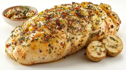Roasted poultry with potato sides, herbs