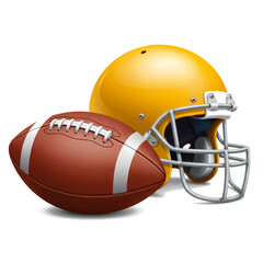 American Football Helmet and Ball on White Background