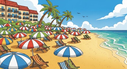 Vibrant beach scene with colorful umbrellas and lounge chairs under palm trees, overlooking a turquoise ocean.