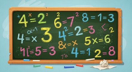 A colorful illustration of a chalkboard with mathematical equations, perfect for educational content, school projects, and classroom presentations with space.