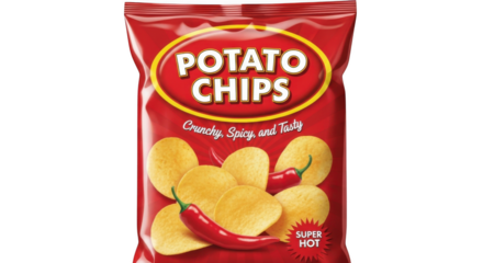 Red bag of potato chips with chili peppers, crunchy, spicy, and tasty flavor, isolated on transparent background