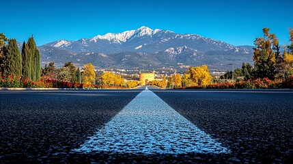 Road leads to mountains with autumn foliage