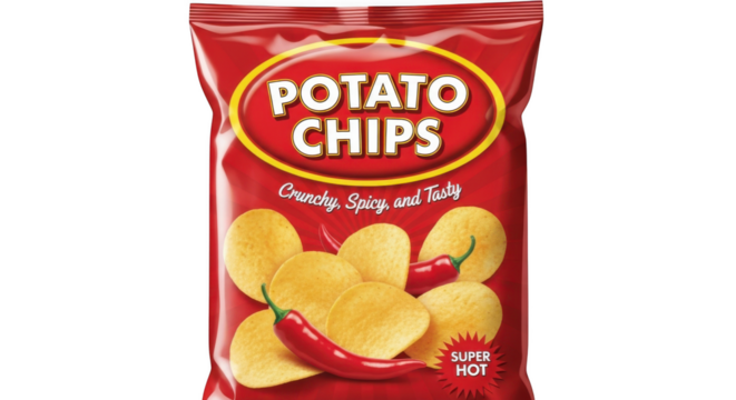 Red bag of potato chips with chili peppers, crunchy, spicy, and tasty flavor, isolated on transparent background
