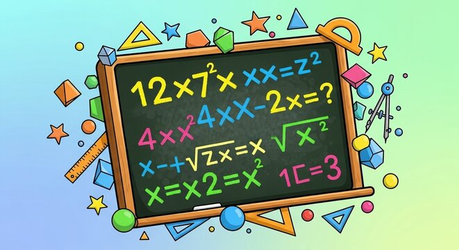 Whimsical illustration of a blackboard filled with colorful, hand-drawn math equations and geometric shapes, symbolizing education and learning.