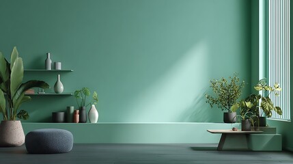 Serene mint green interior with natural light and lush greenery creating a calm and inviting atmosphere