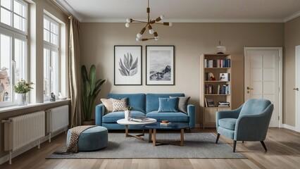 Cozy living room with blue sofa and armchair natural light from large windows