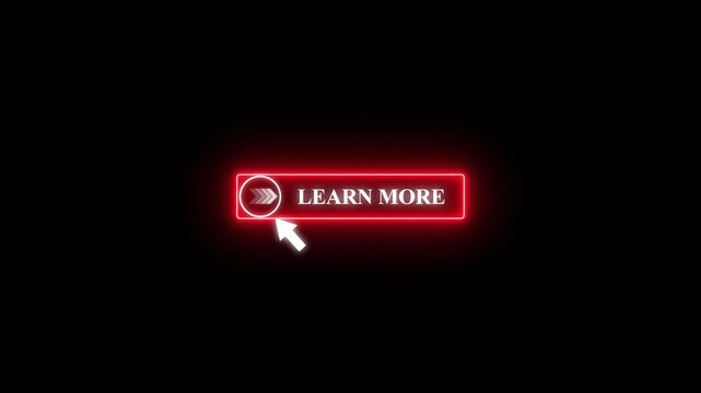 Glowing neon color white text cursor animation pointing towards  LEARN MORE button in looping with transparent background.4k video