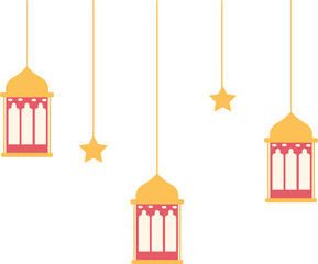 Stylized illustration featuring hanging lanterns and stars, representing festive decorations.