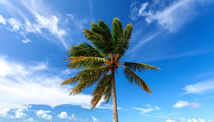 Fototapeta premium Palm tree against blue sky with white clouds evoking tropical paradise