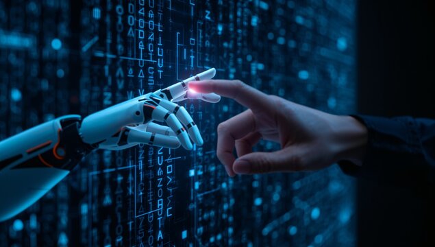 A robotic arm and a human hand touch on a digital interface, highlighting the convergence of technology and humanity.