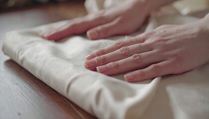 Hands carefully fold a delicate pastry dough on a wooden surface, preparing for a delicious homemade treat in a warm kitchen, showcasing culinary skill and attention to detail.