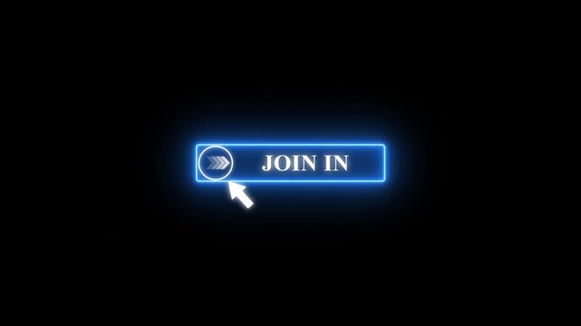 Glowing neon color white text cursor animation pointing towards join in  button in looping with transparent background.4k video