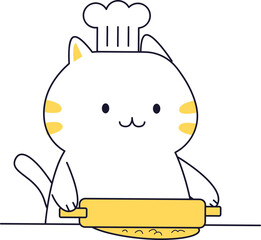 A cute cartoon cat wearing a chef's hat happily rolls out dough with a yellow rolling pin.
