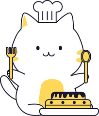 Cartoon white cat wearing a chef's hat, holding a fork and spoon, with a cake on a plate.