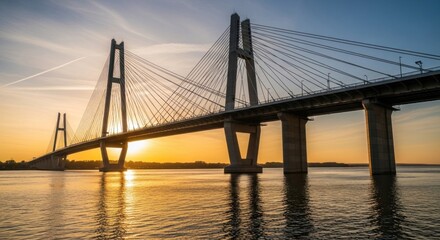 Obraz premium Architectural Majesty: A Cable-Stayed Bridge Bathed in Warm Sunset Light