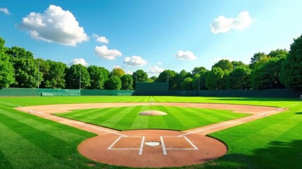 A pristine baseball field bathed in sunlight, showcasing meticulously manicured grass and a vibrant green outfield, surrounded by a lush canopy of trees under a bright, partly cloudy sky
