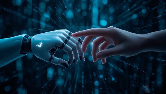 A futuristic, digital encounter between a robot hand and a human hand, highlighting the concept of human-robot interaction.