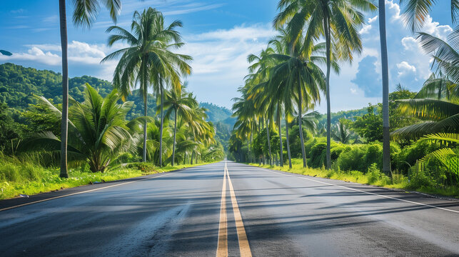 Tropical highway with palm tree canopy