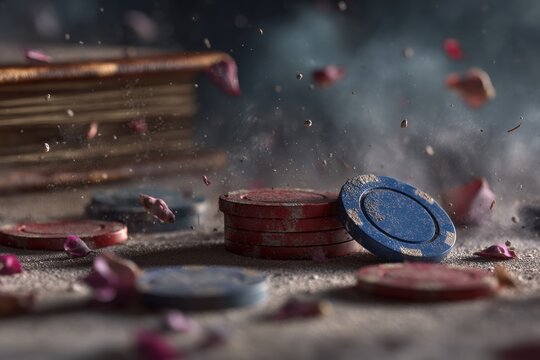 Casino chips with rose petals and vintage book, elegant gambling theme for luxury wedding decor, resort promotions, lifestyle blog visuals

