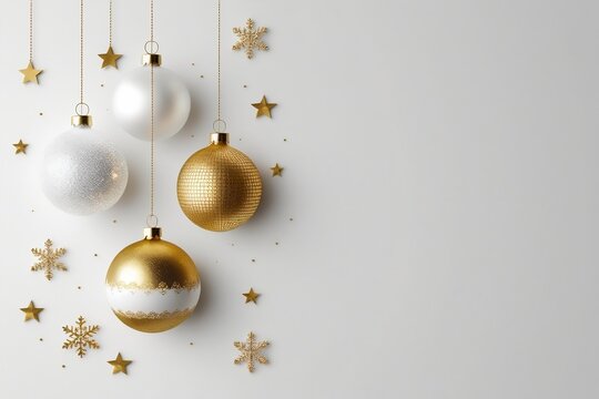 Elegant Gold and White Christmas Ornaments with Stars and Snowflakes on Minimalist Background – AI-Generated