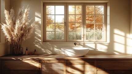 Room interior with window, sink and decor, near garden